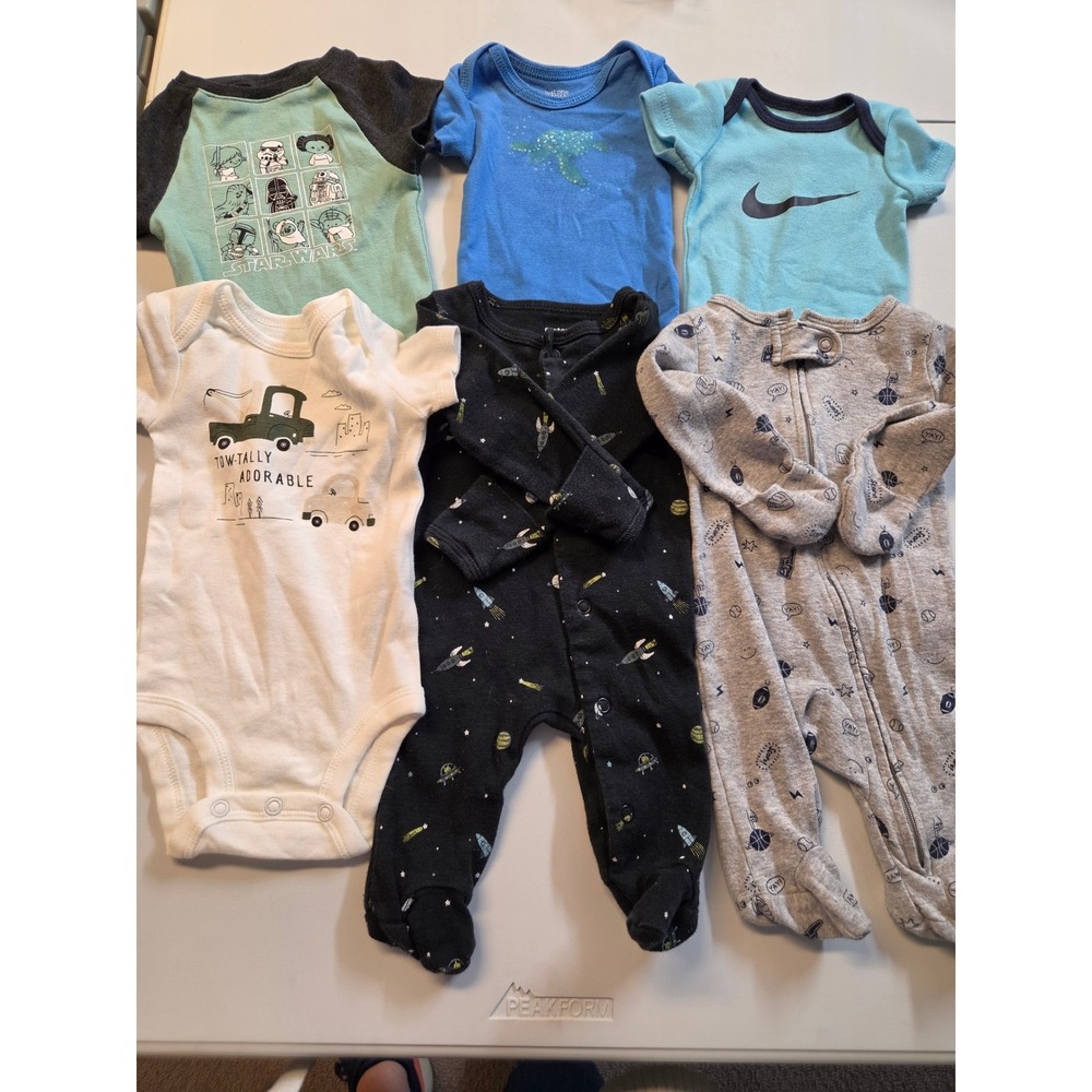 Newborn Boys Clothing Bundle 6pc Nike Star Wars Carters Sleepers Bodysuits